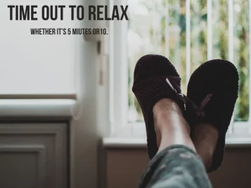 A person relaxing with feet crossed on a couch, with the text 'Time out to relax. Whether it's 5 minutes or 10.' Counselling with Kim.